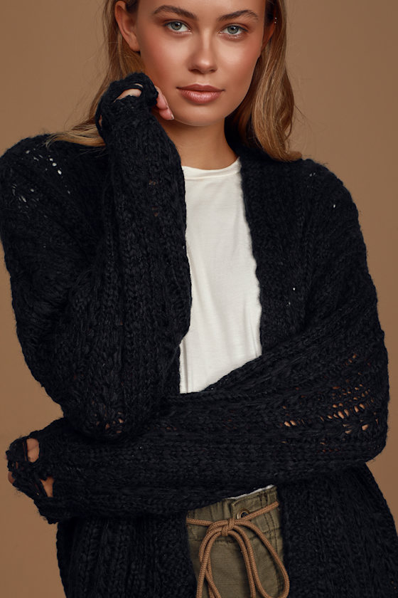 Spice of Life Black Distressed Chunky Knit Cardigan Sweater 4