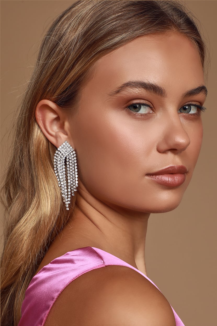 Glam Silver Earrings - Rhinestone Fringe Earrings Lulus