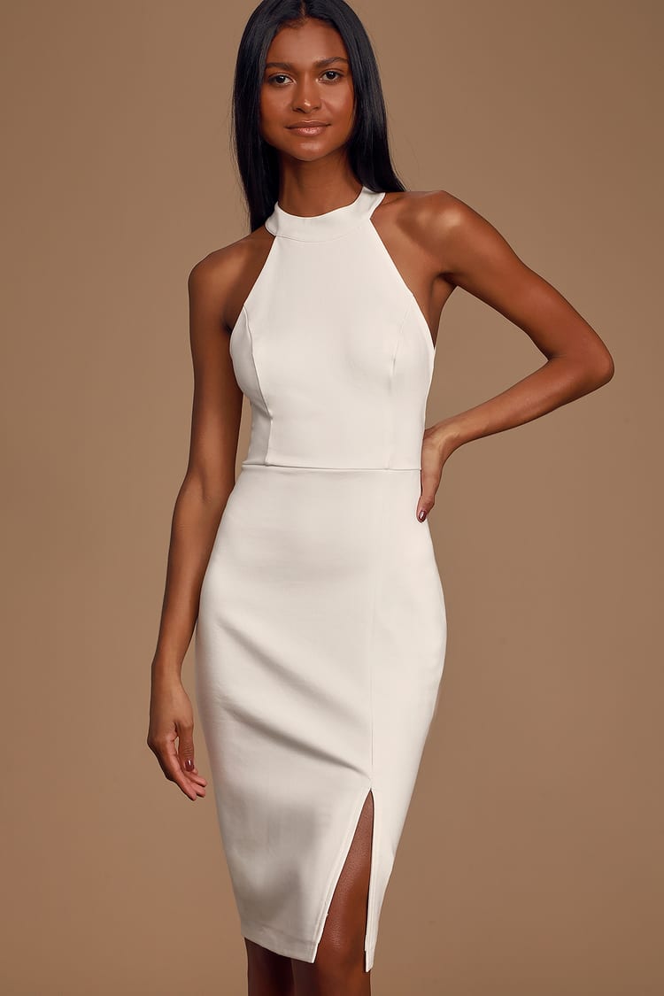 Sexy White Dress - Halter Midi Dress Side Slit Bodycon - Lulus