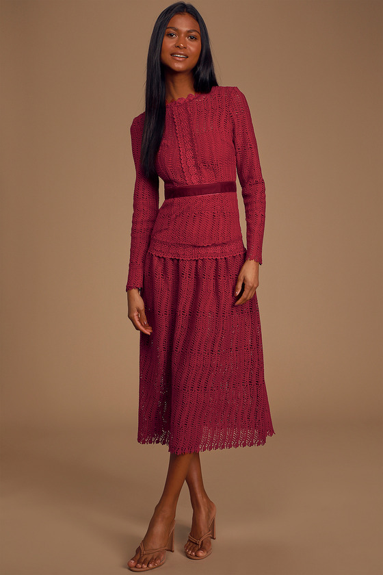 Cute Wine Red Dress - Crochet Lace Midi Dress - Long Sleeve Dress - Lulus
