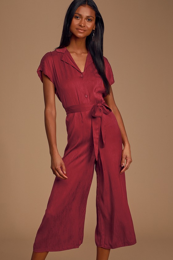 burgundy satin jumpsuit