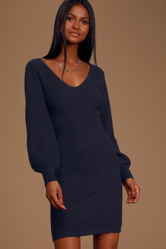 Knit Navy Blue Dress - Sweater Dress - Statement Sleeve Dress - Lulus