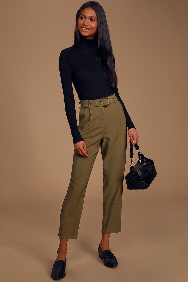 Chic Olive Green Pants - Tapered Pants - Belted Pants - Trousers