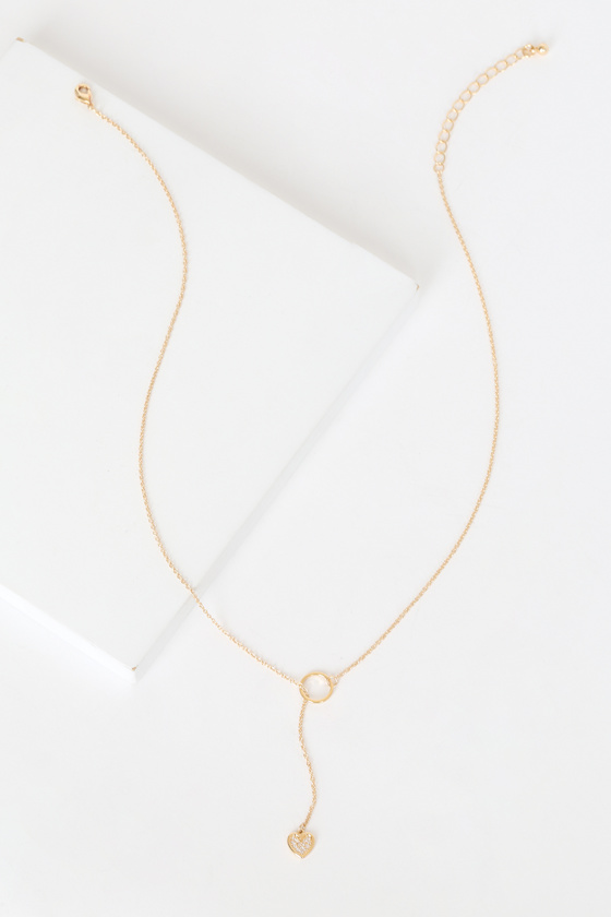 Cute Gold Lariat Necklace Heart Charm Necklace Dainty Necklace