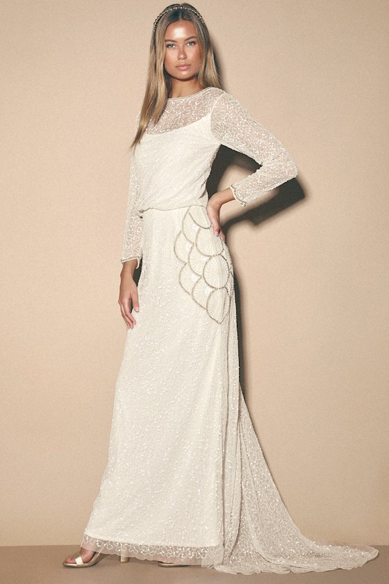Brooklyn White Beaded Long Sleeve Maxi Dress 5
