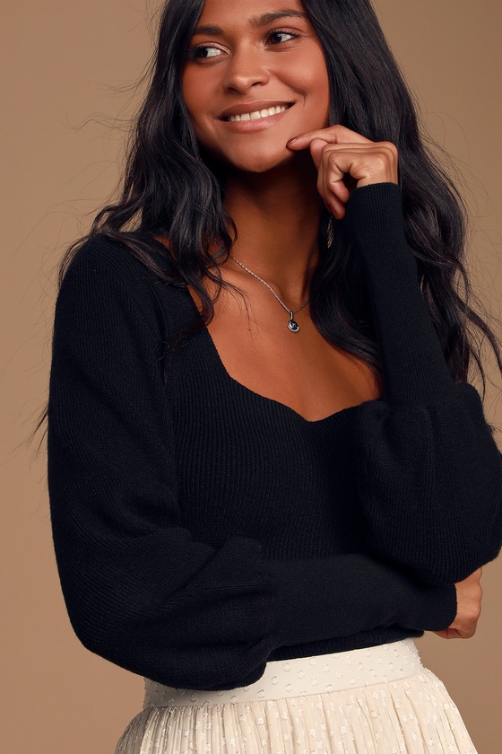Black Knit Sweater - Balloon Sleeve Sweater - Square Neck Sweater - Lulus