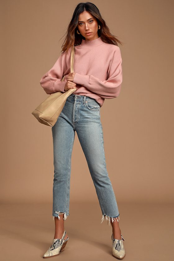 Forever My Love Blush Pink Ribbed Knit Mock Neck Sweater 1