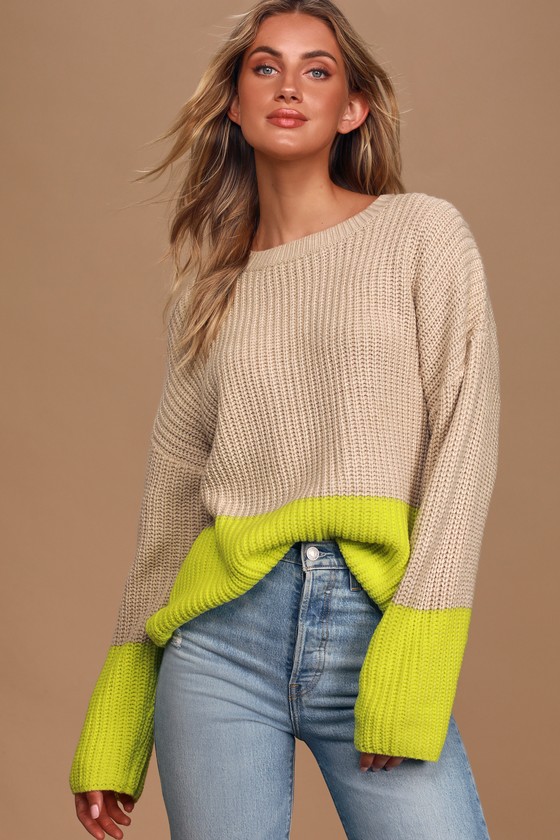 Cozy Taupe and Neon Yellow Sweater - Colorblock Sweater - Sweater - Lulus