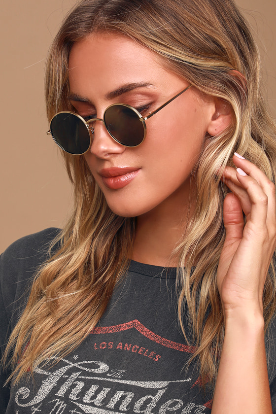 Gold Round Frame Brown Tinted Sunglasses | Boohoo UK