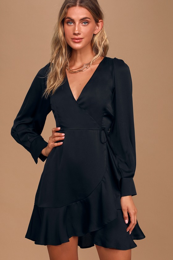 Chic Black Dress - Surplice Dress - Ruffled Mini Dress - Lulus
