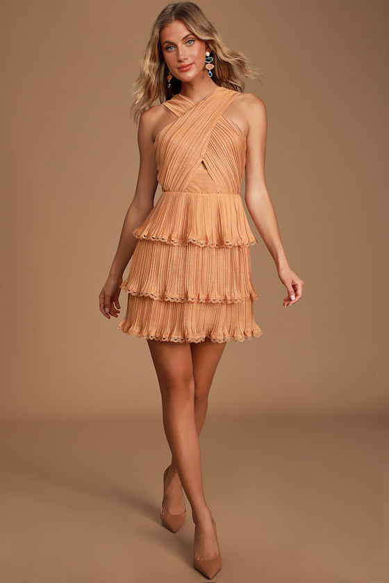 Keepsake Joyful Copper Tiered Mini Dress Pleated Skater Dress Lulus