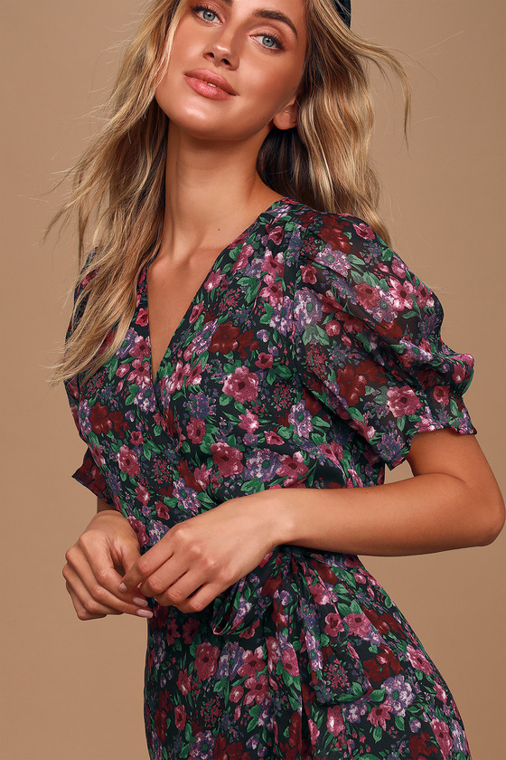 Heartloom Cheri Floral Chiffon - Wrap Dress - Puff Sleeve Mini - Lulus