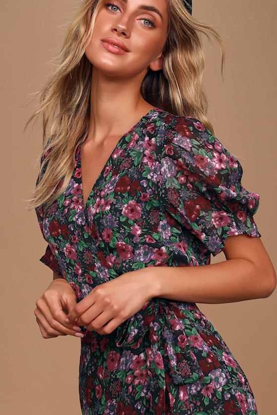 Cheri Black Floral Print Chiffon Puff Sleeve Wrap Dress 3