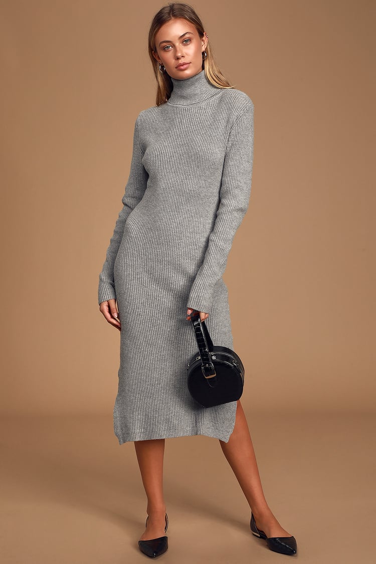 Sheerah Heather Grey Turtleneck Midi Sweater Dress