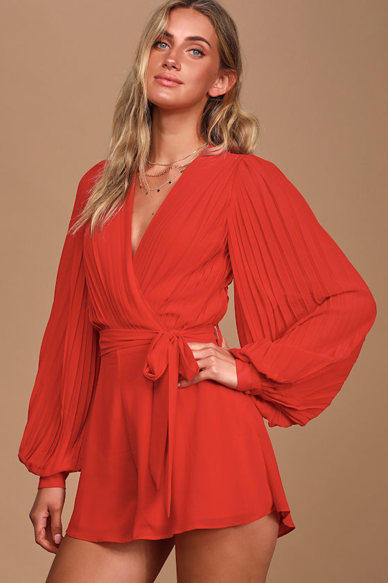 Kiss Me Sweetly Red Long Sleeve Pleated Romper 5