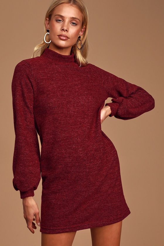 Lush In The Limelight Heathered Burgundy Mock Neck Sweater Dress