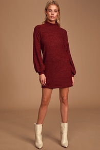 In the Limelight Heathered Burgundy Mock Neck Sweater Dress