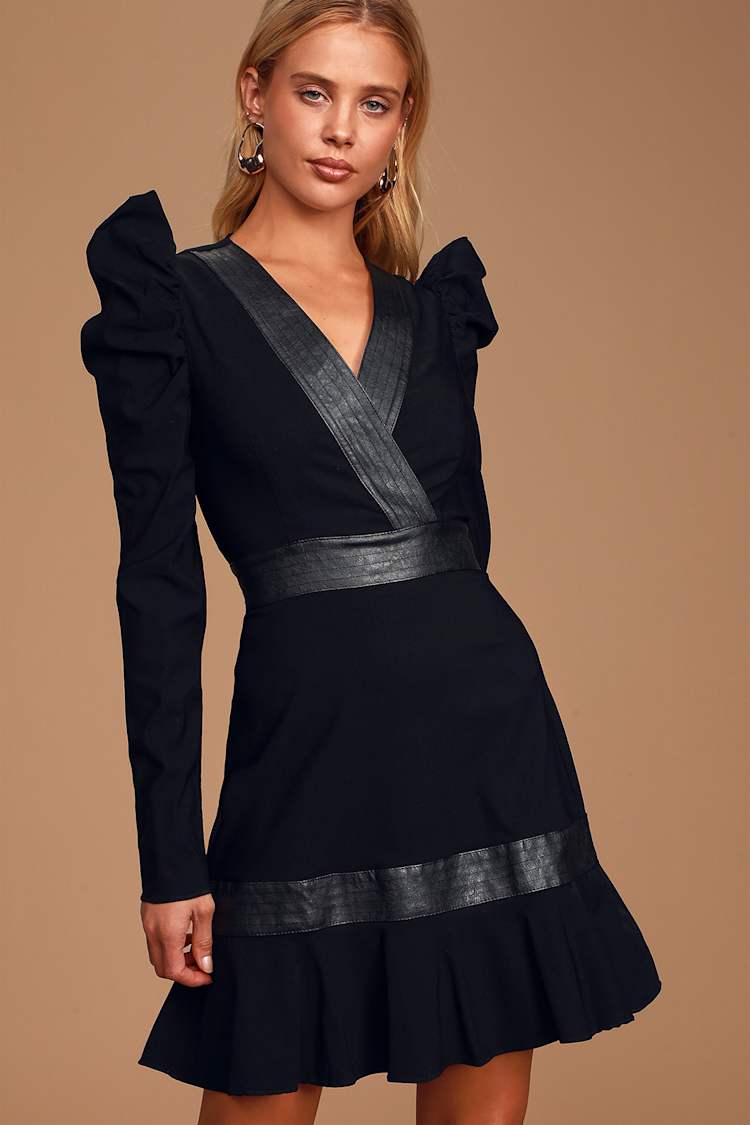 knee length dresses for ladies Pleated Long Sleeve Surplice Maxi Dress Black / XL main image 0