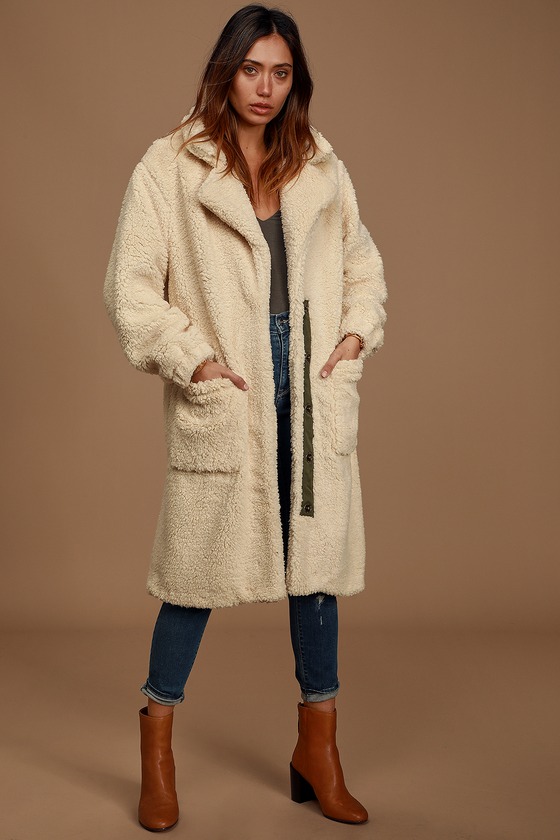 Free People Tessa Teddy Coat - Cream Sherpa Coat - Longline Coat - Lulus