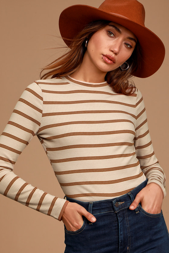 Basically In Love Beige Striped Ribbed Long Sleeve Top