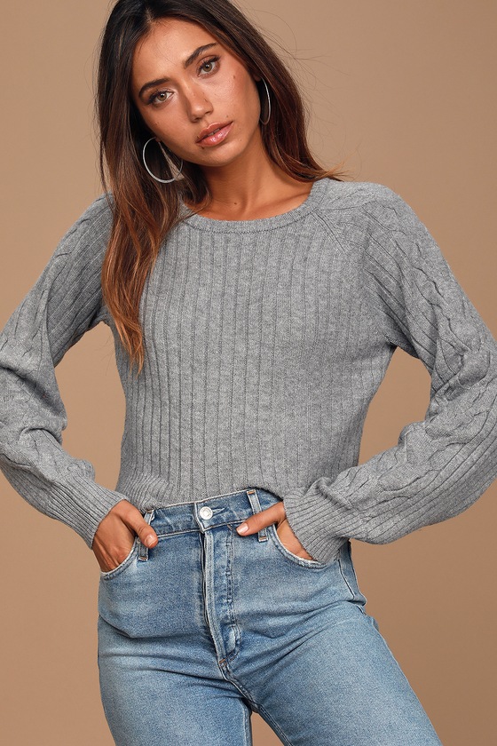 Ribbed Grey Sweater - Cropped Sweater - Balloon Sleeve Sweater - Lulus