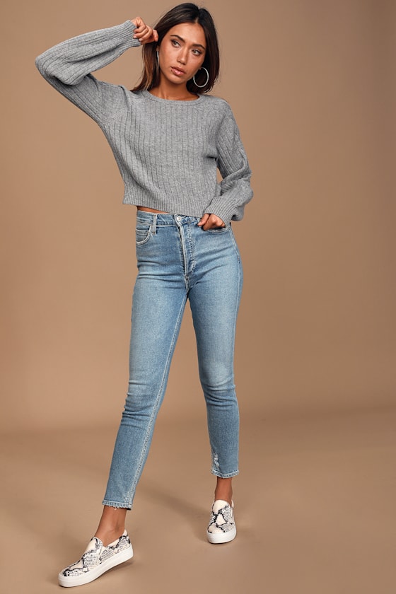 Keep in Touch Heather Grey Ribbed Knit Balloon Sleeve Sweater 10