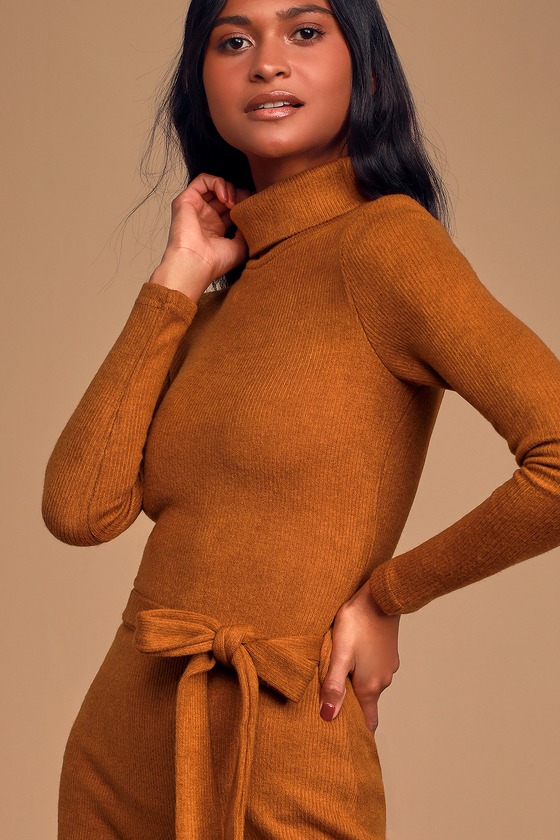 Something Special Camel Belted Turtleneck Sweater Dress