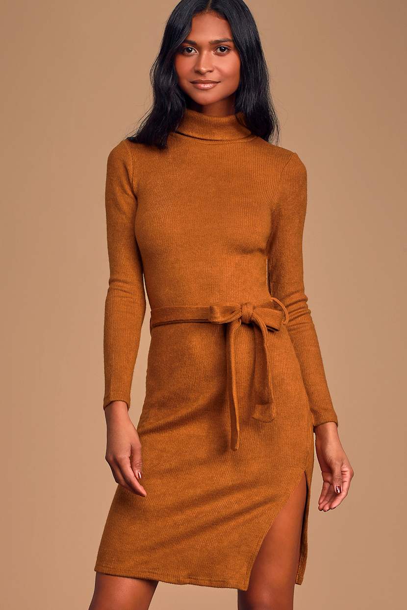 Cute Camel Sweater Dress - Turtleneck Sweater Dress - Bodycon - Lulus