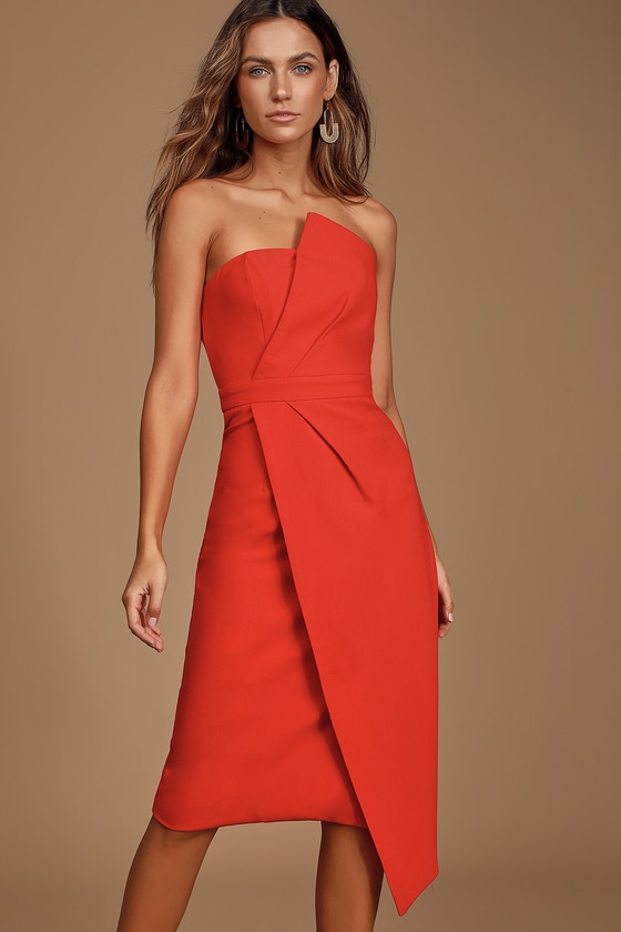Sexy Red Dress - Strapless Midi Dress 