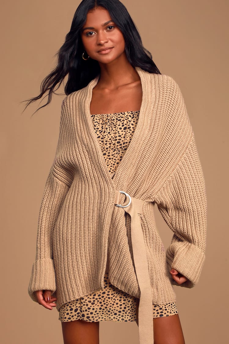 Cute Taupe Cardigan - Belted Cardigan Sweater - Chunky Knit Cardi