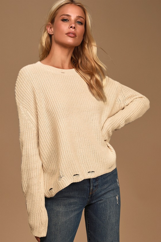 Cute Beige Sweater - Distressed Sweater - Cozy Knit Sweater - Lulus