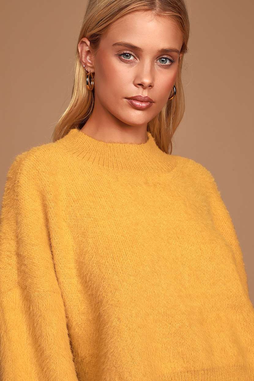 Mustard Yellow Sweater - Eyelash Knit Sweater - Mock Neck Sweater - Lulus