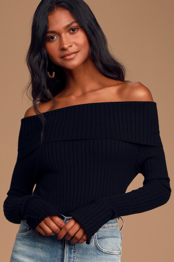 Cute Black Sweater OfftheShoulder Sweater Ribbed Sweater Lulus