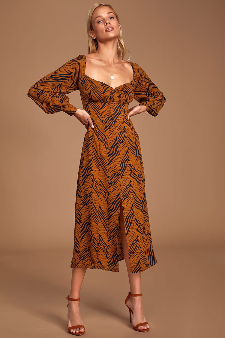 LUSH Rust Orange Zebra Print - Long Sleeve Dress - Midi Dress - Lulus