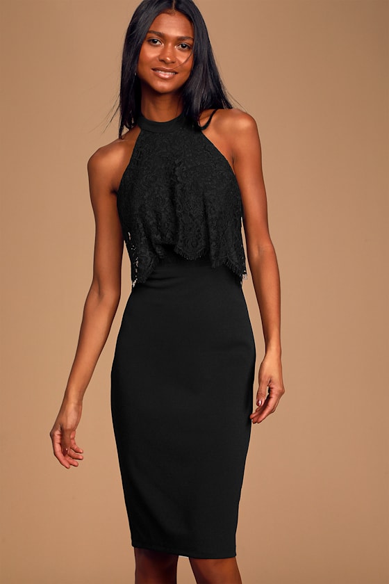 Leading Lady Black Lace Backless Halter Midi Dress 8