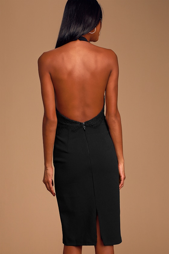 Leading Lady Black Lace Backless Halter Midi Dress 6