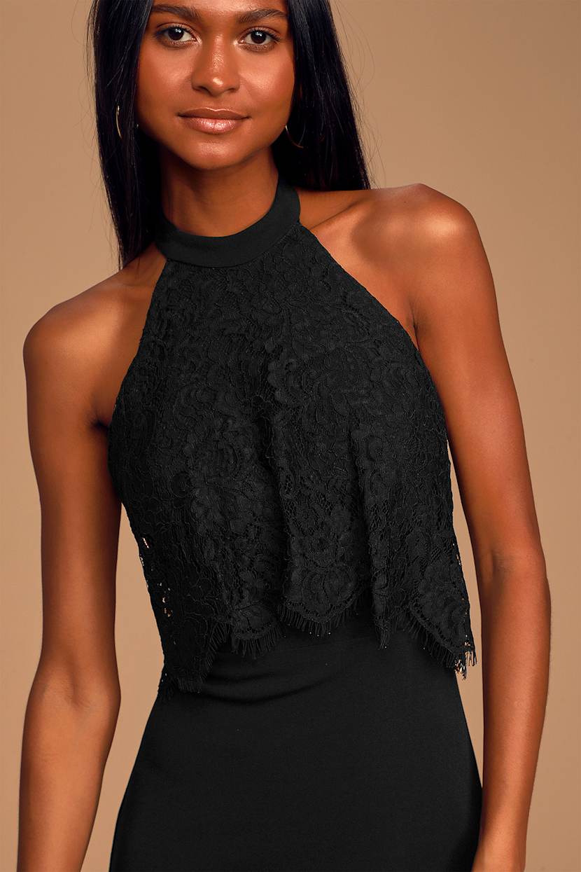 Lovely Black Dress - Backless Lace Dress - Halter Midi Dress - Lulus