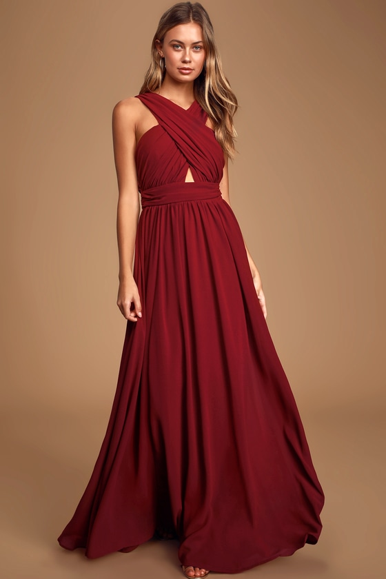 burgundy halter maxi dress