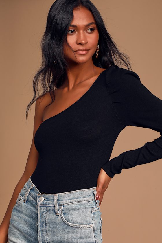 Black Bodysuit OneShoulder Bodysuit Puff Sleeve Bodysuit Lulus