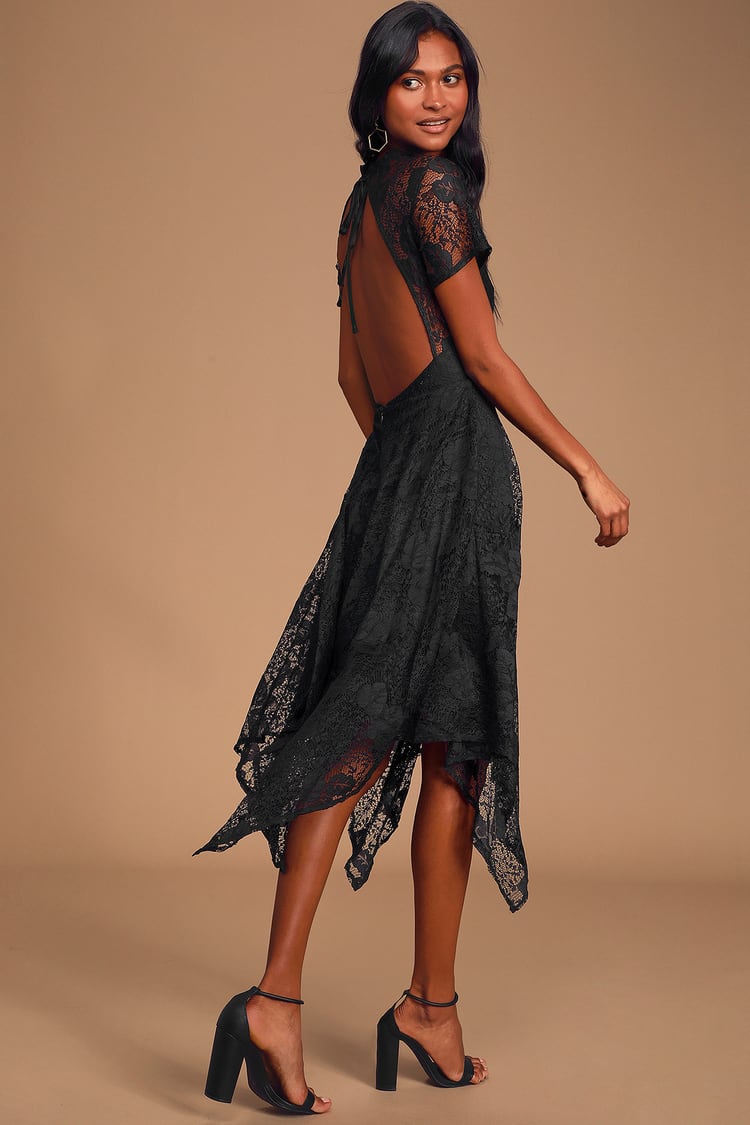 Fancy Evening Black Lace Short Sleeve Backless Midi Dress