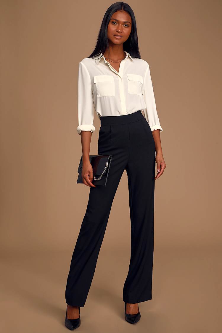 black high waisted wide leg dress pants Fiona Trouser Pants In Ponte Knit With High Rise - Black Black main image 0