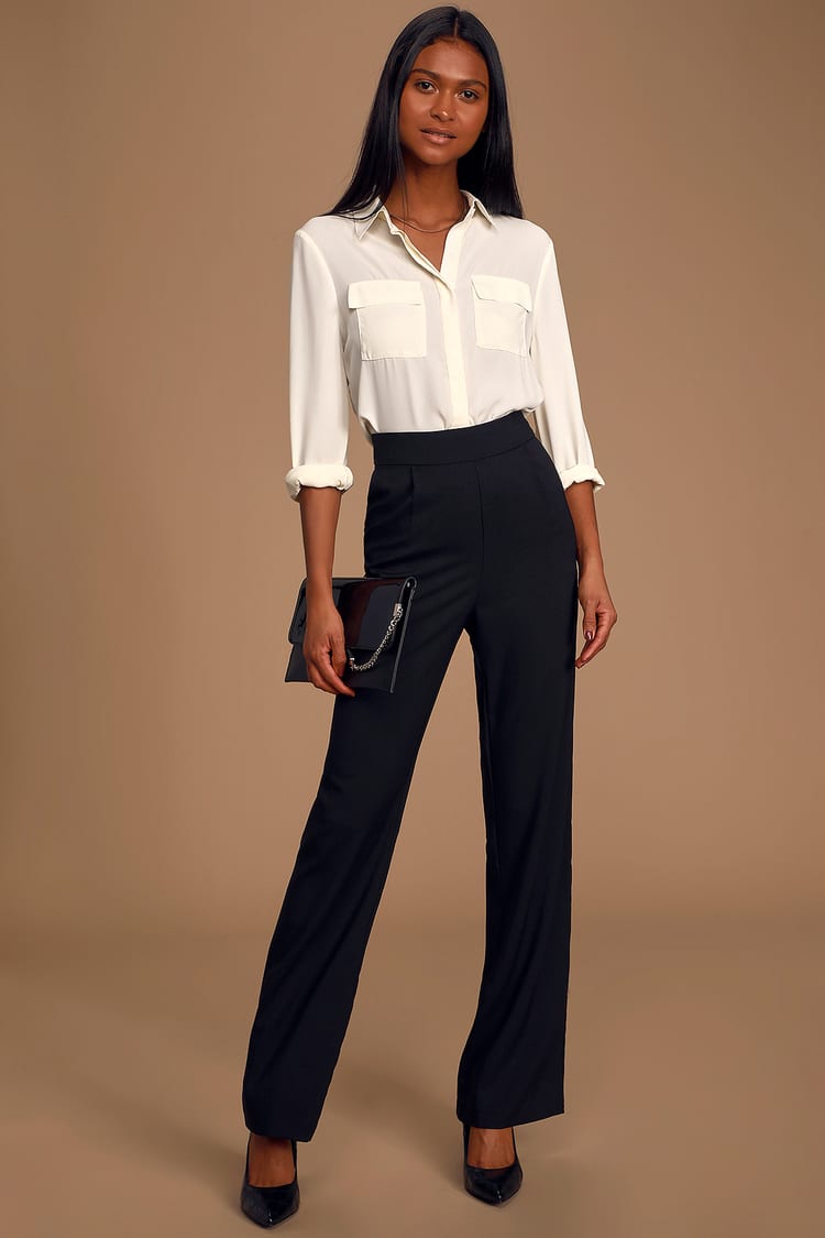 Right Way Black High-Waisted Wide-Leg Trouser Pants