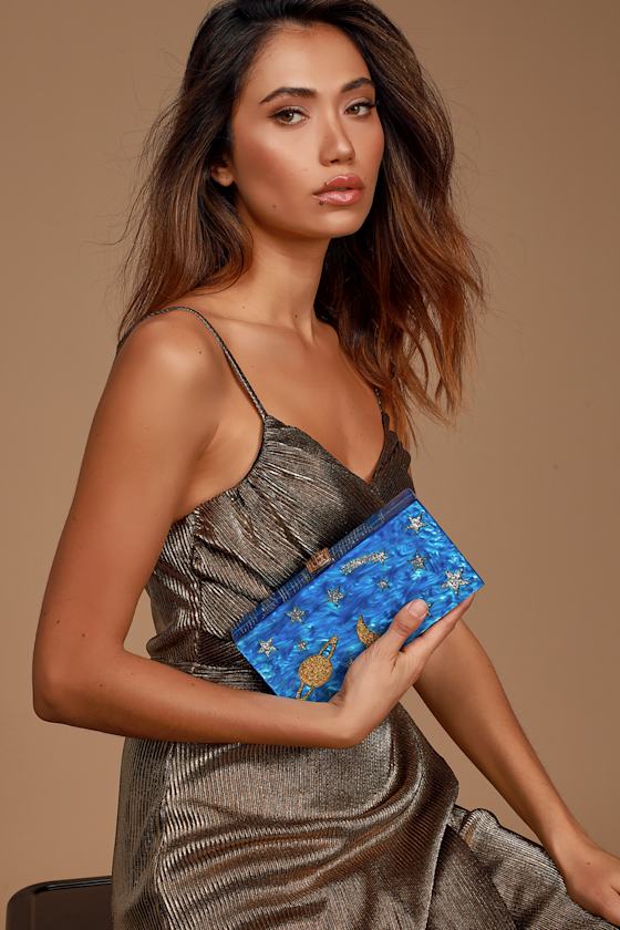 Starry Night Sky Blue and Gold Multi Glitter Acrylic Box Clutch 6