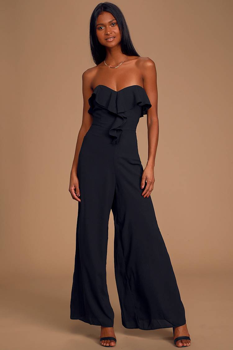 Lulus Jumpsuit Strapless Ruffle Jumpsuit Off We Go Black Strapless