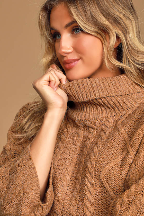 Coffee Break Brown Cable Knit Turtleneck Cropped Sweater 9