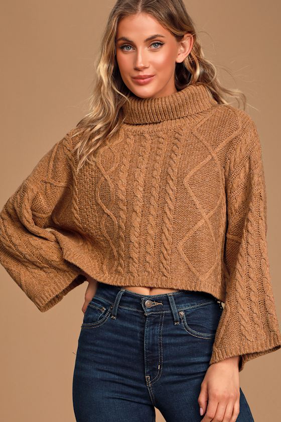Coffee Break Brown Cable Knit Turtleneck Cropped Sweater 7