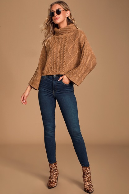 Coffee Break Brown Cable Knit Turtleneck Cropped Sweater