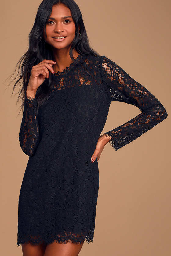 Cute Black Lace Dress - Long Sleeve ...