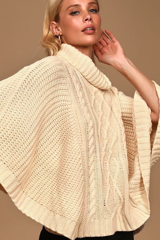 Snowy Sunday Cream Cable Knit Poncho Sweater 8