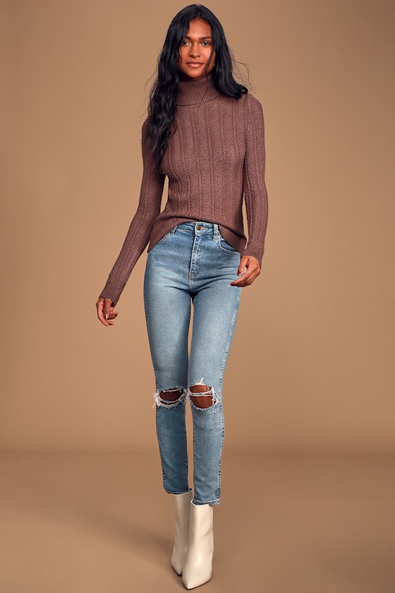 Chilly Mornings Brown Herringbone Knit Turtleneck Sweater 6